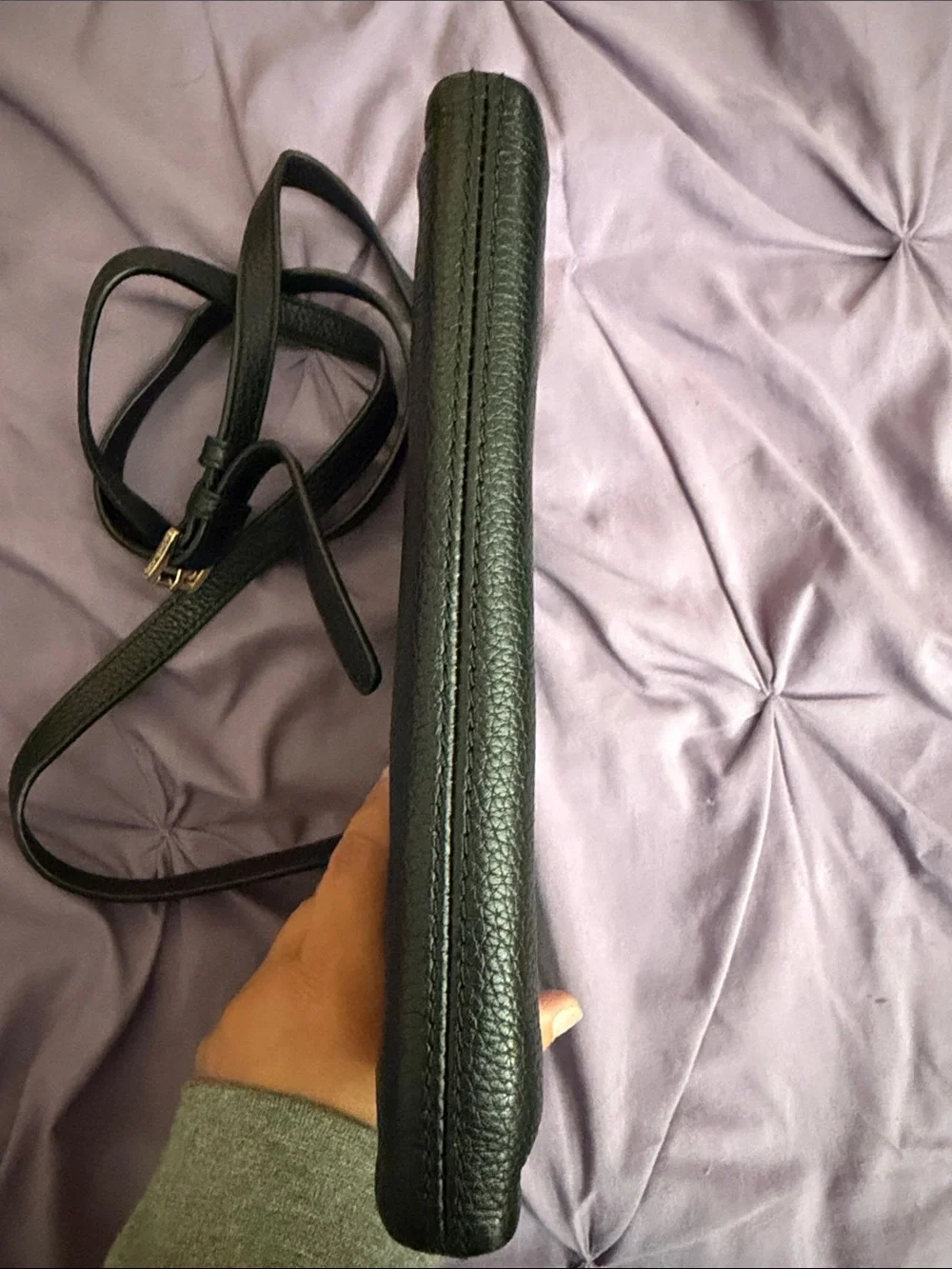 Michael Kors Black Pebbled Leather Crossbody with Gold MK Emblem.